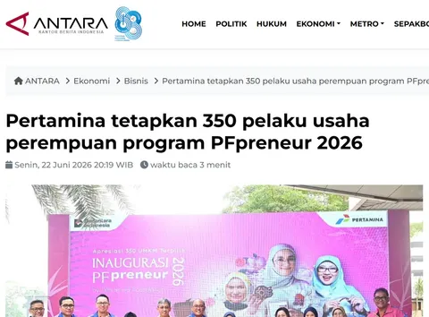 Tangkapan layar berita ANTARA: Pertamina tetapkan 350 pelaku usaha perempuan program PFpreneur 2026