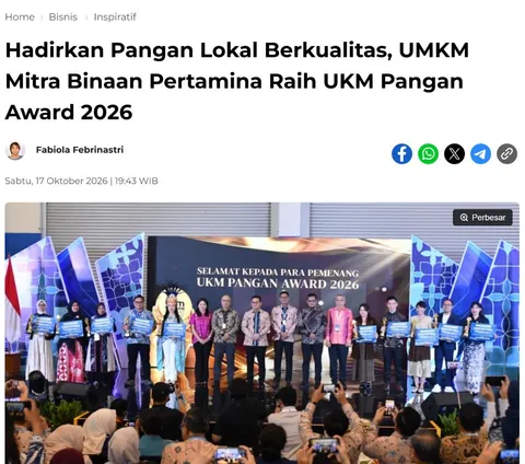 Tangkapan layar berita Suara.com: Hadirkan Pangan Lokal Berkualitas, UMKM Mitra Binaan Pertamina Raih UKM Pangan Award 2026