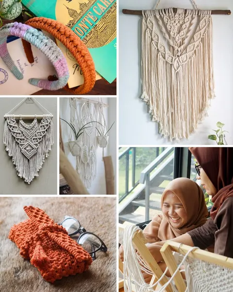 Kolase makrame: bando rajut, hiasan dinding krem, gantungan pot, pouch oranye dan dua perempuan merangkai makrame