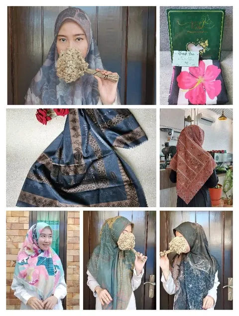 Kolase perempuan memakai hijab segi empat bermotif biru, hijau, merah muda dan cokelat, serta kotak hadiah hijau