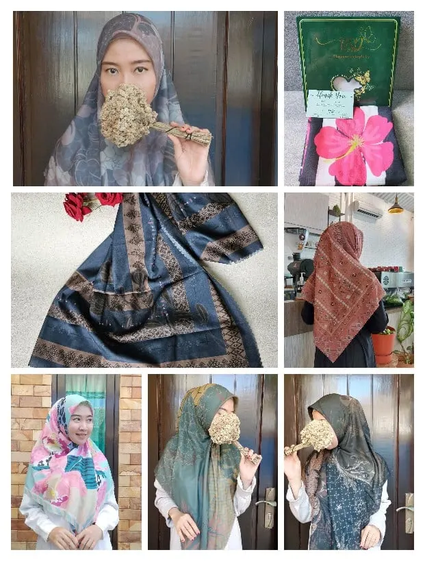 Kolase perempuan memakai hijab segi empat bermotif biru, hijau, merah muda dan cokelat, serta kotak hadiah hijau
