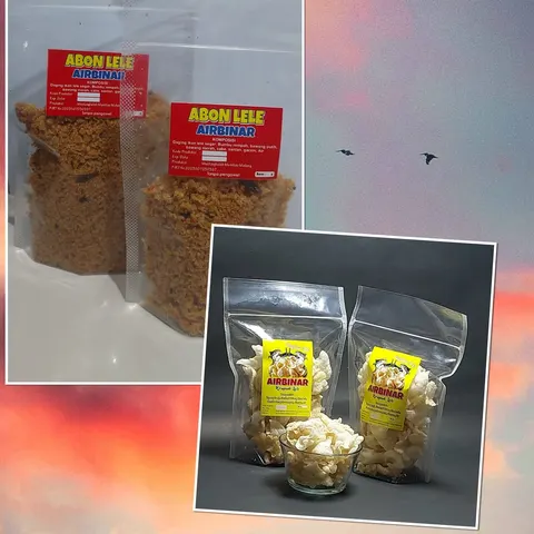 Kolase kemasan plastik abon lele Airbinar berlabel merah dan kemasan krupuk lele berlabel kuning dengan semangkuk kerupuk
