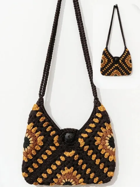 Tas bahu rajut bermotif granny square hitam dan kuning keemasan dengan tali panjang