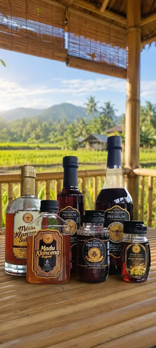 Aneka botol dan toples Madu Klanceng dan Madu Sumatra Premium Al Baik Honey di meja bambu berlatar sawah