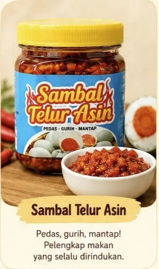 Toples Sambal Telur Asin bertutup kuning di samping mangkuk sambal dan telur asin terbelah