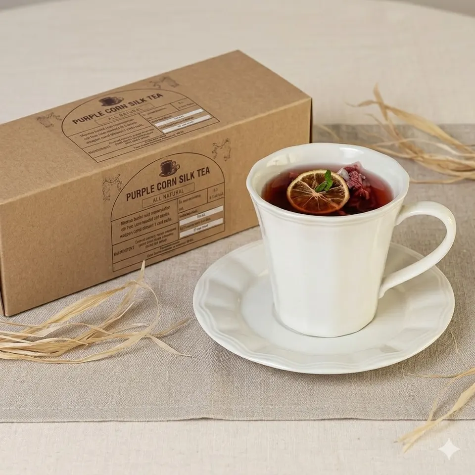 Cangkir putih berisi teh merah dengan irisan jeruk kering di samping kotak kraft Purple Corn Silk Tea