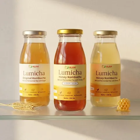 Tiga botol kaca kombucha Lumicha varian original dan honey di atas rak kaca dengan potongan sarang madu