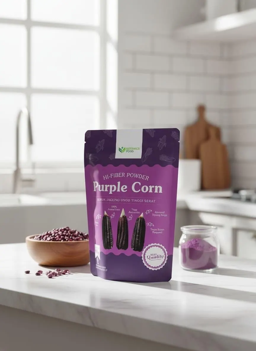 Kemasan pouch ungu Purple Corn hi-fiber powder di meja dapur dengan mangkuk biji jagung ungu dan toples bubuk
