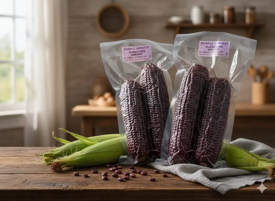 Dua kemasan vakum berisi jagung ungu utuh berlabel Purple Harvest Purecorn di atas meja kayu