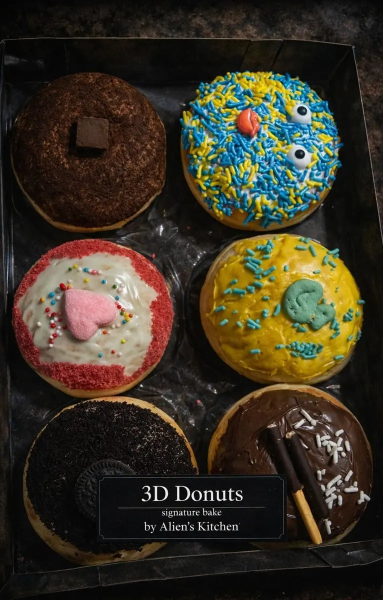 Kotak hitam berisi enam donat berhias warna-warni, salah satunya bermata dan berbibir, berlabel 3D Donuts