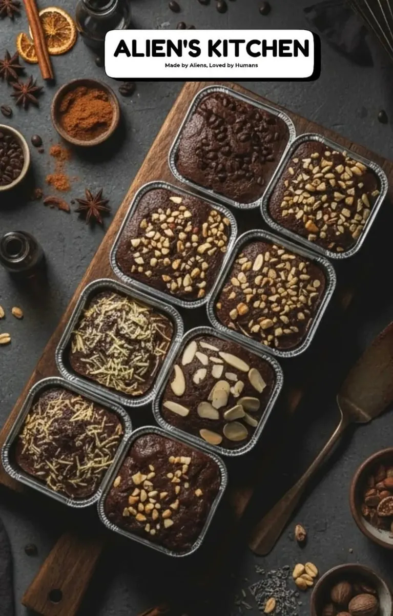 Delapan brownies dalam wadah aluminium dengan topping kacang dan irisan almon di atas papan kayu, berlogo Alien's Kitchen