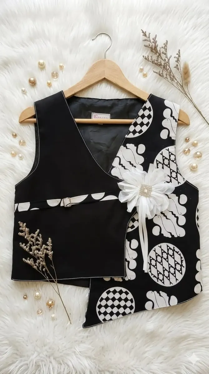 Vest hitam asimetris dengan panel motif batik hitam putih dan bros bunga putih pada gantungan kayu