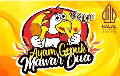 Logo Ayam Gepuk Mawar Dua bergambar ayam kartun memegang paha ayam berlatar kuning jingga dengan logo halal