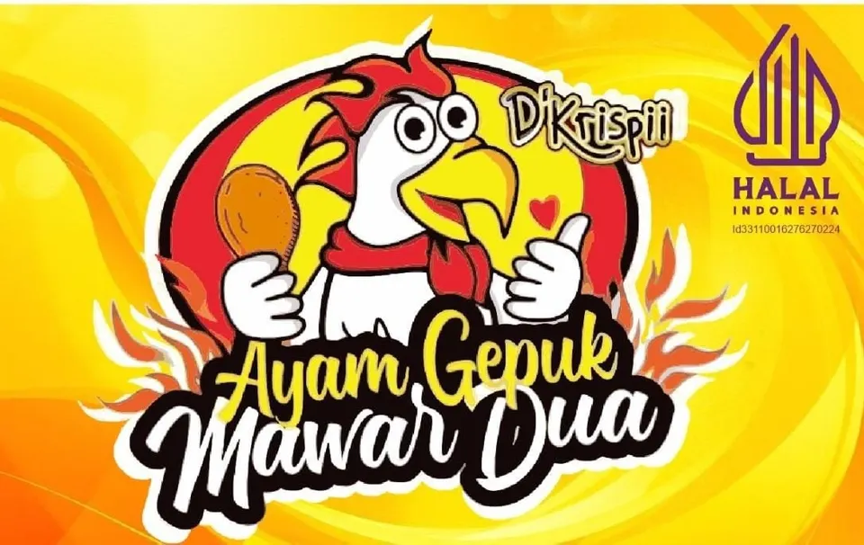 Logo Ayam Gepuk Mawar Dua bergambar ayam kartun memegang paha ayam berlatar kuning jingga dengan logo halal