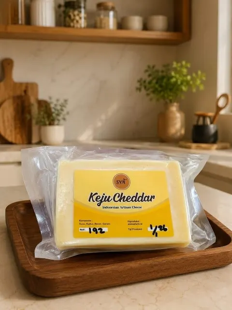Balok keju cheddar dalam kemasan plastik vakum berlabel kuning Keju Cheddar di atas nampan kayu