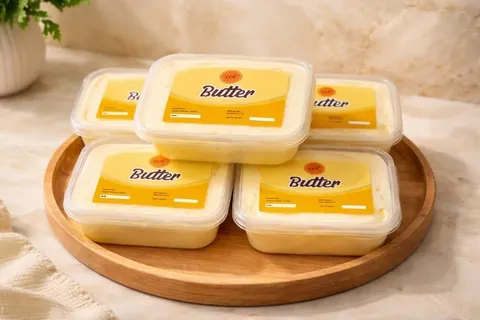 Lima kotak plastik berisi butter dengan label kuning bertuliskan Butter di atas nampan kayu bundar