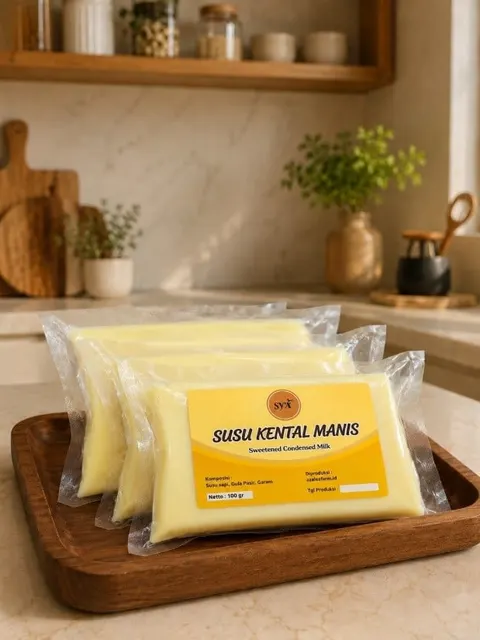 Beberapa kemasan plastik vakum susu kental manis berlabel kuning di atas nampan kayu