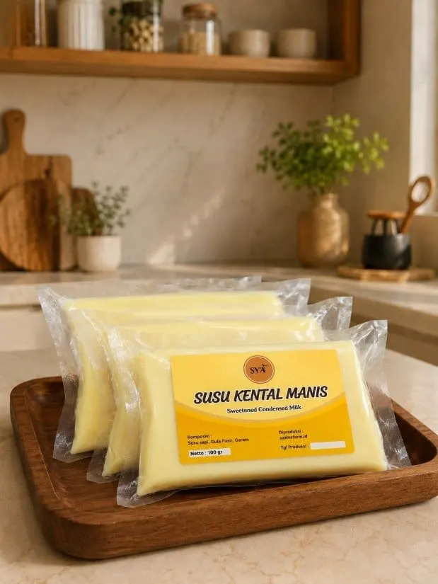Beberapa kemasan plastik vakum susu kental manis berlabel kuning di atas nampan kayu