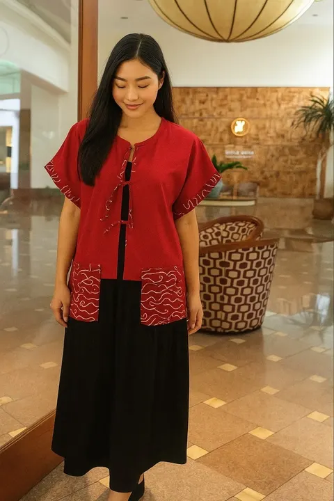 Model perempuan memakai outer merah berkantong motif batik dengan dalaman dan rok hitam di lobi