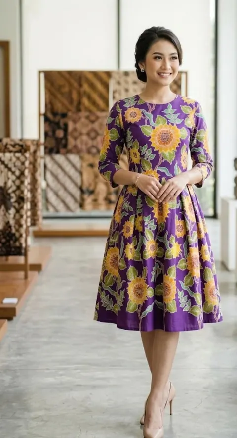 Perempuan mengenakan gaun batik ungu bermotif bunga matahari kuning di ruangan dengan pajangan kain batik