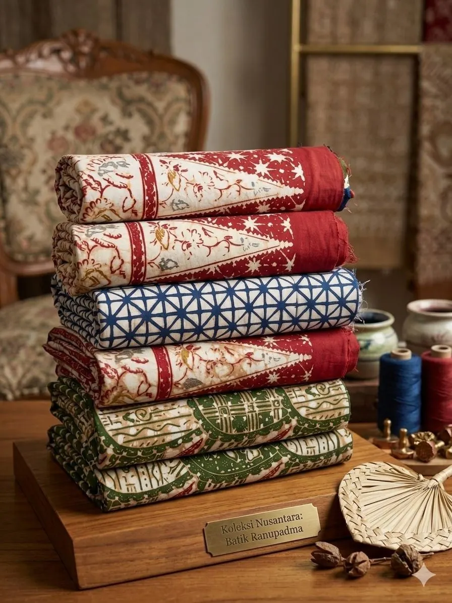 Tumpukan kain batik merah, biru dan hijau di atas alas kayu berplakat Koleksi Nusantara Batik Ranupadma