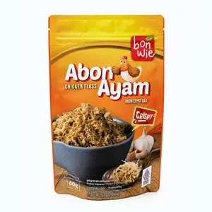 Kemasan pouch oranye Abon Ayam Bonwie 60 g bergambar ayam dan semangkuk abon, berlatar putih