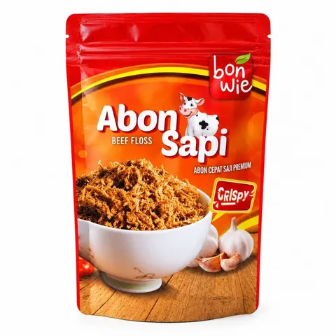 Kemasan pouch merah Abon Sapi Bonwie bergambar sapi dan semangkuk abon, bertuliskan Crispy, berlatar putih