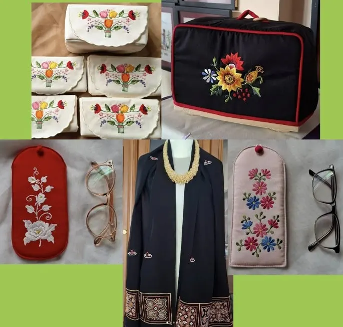 Kolase produk bordir bunga berupa sarung kotak tisu putih, penutup kain hitam, dua sarung kacamata dan selendang hitam