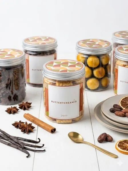 Beberapa toples kue kering berlabel Butterycreamid di meja putih dengan kayu manis, bunga lawang dan vanili