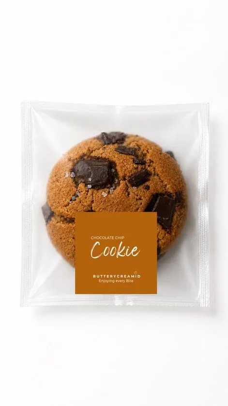 Satu kukis cokelat chip dalam plastik bening berlabel cokelat Chocolate Chip Cookie Butterycreamid
