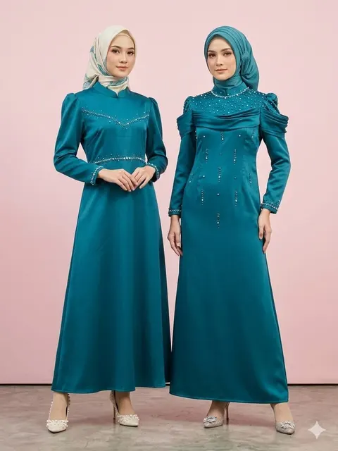 Dua model berhijab mengenakan gamis satin hijau toska berhias manik di depan latar merah muda
