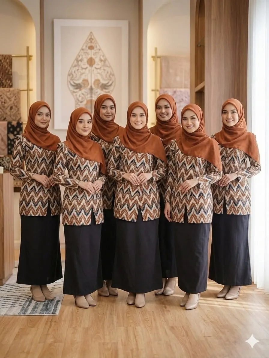 Tujuh perempuan berhijab cokelat mengenakan atasan motif zigzag cokelat dan rok hitam panjang