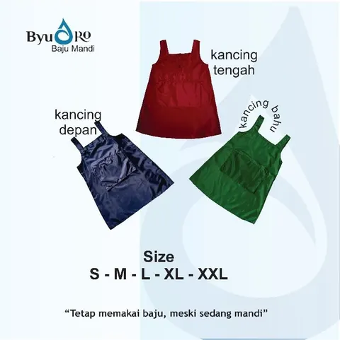 Tiga baju mandi model kancing depan biru dongker, kancing tengah merah dan kancing bahu hijau, ukuran S sampai XXL