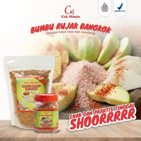 Kemasan pouch dan toples Bumbu Rujak Bangkok Cak Mimin di samping potongan jambu dan bumbu merah muda