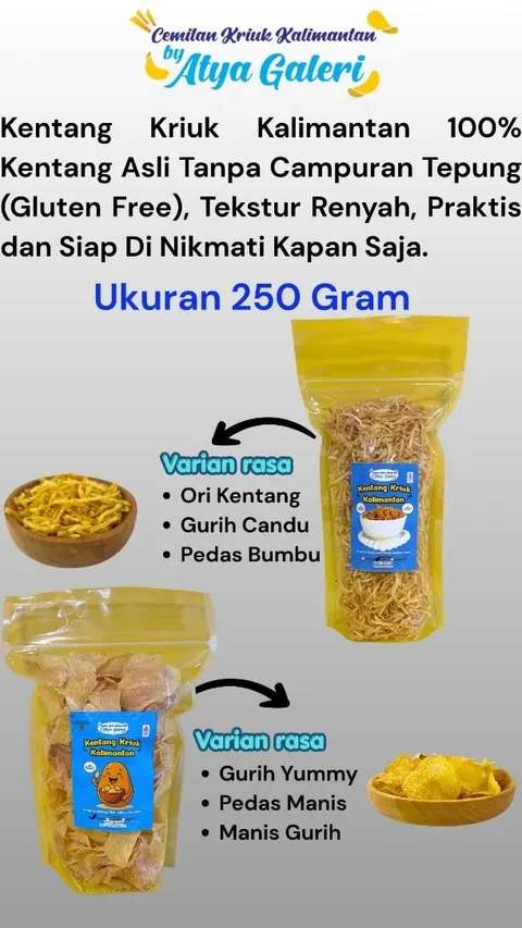 Poster Kentang Kriuk Kalimantan ukuran 250 gram dalam kantong kuning, varian stik dan keripik bergelombang