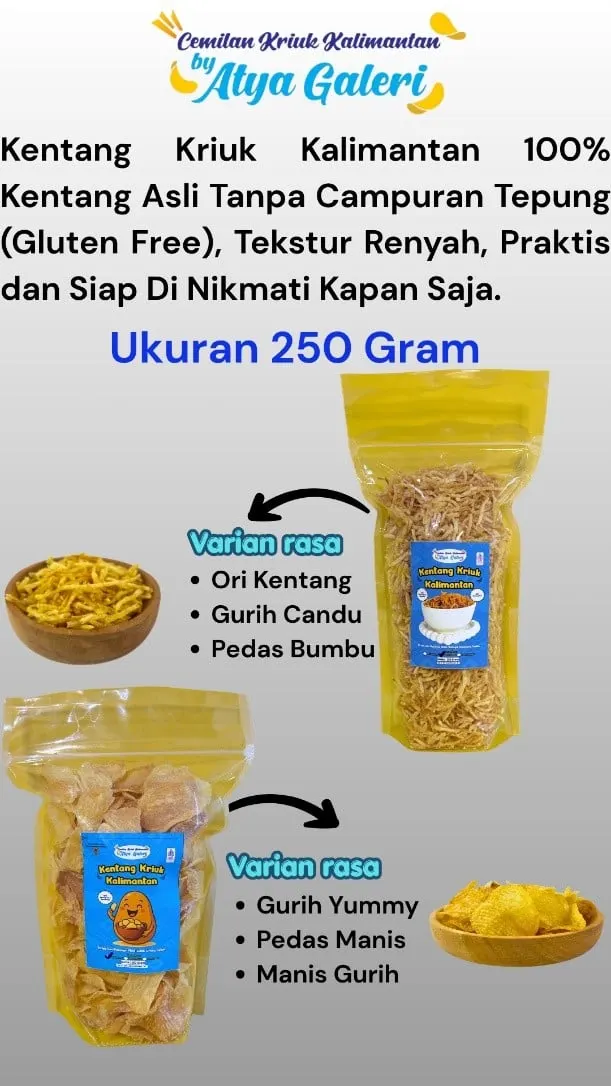 Poster Kentang Kriuk Kalimantan ukuran 250 gram dalam kantong kuning, varian stik dan keripik bergelombang