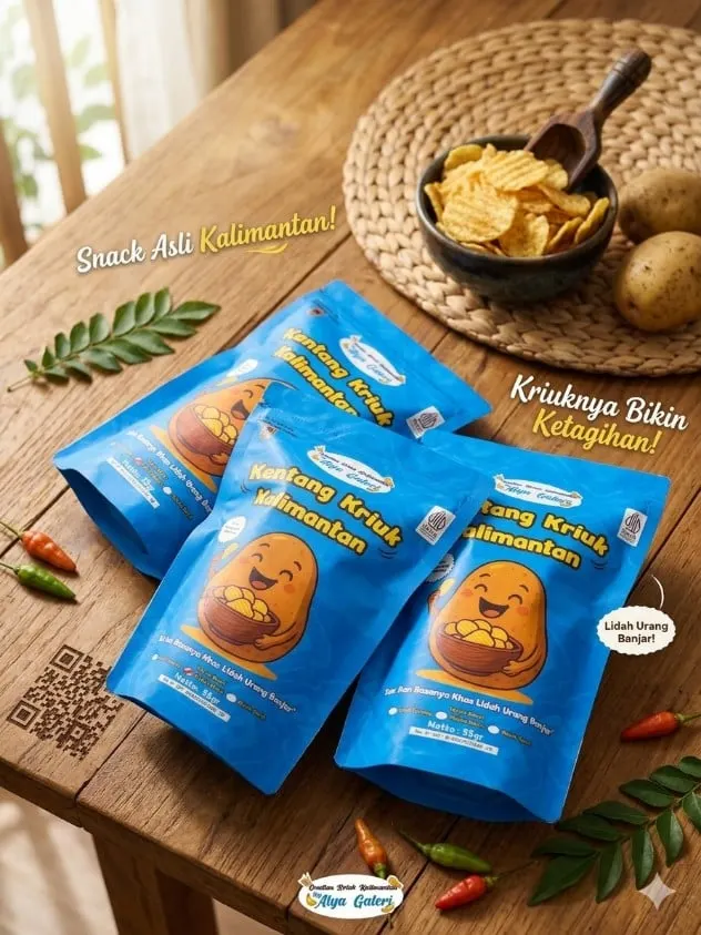 Tiga kemasan biru Kentang Kriuk Kalimantan bergambar kentang di meja kayu dengan semangkuk keripik dan cabai