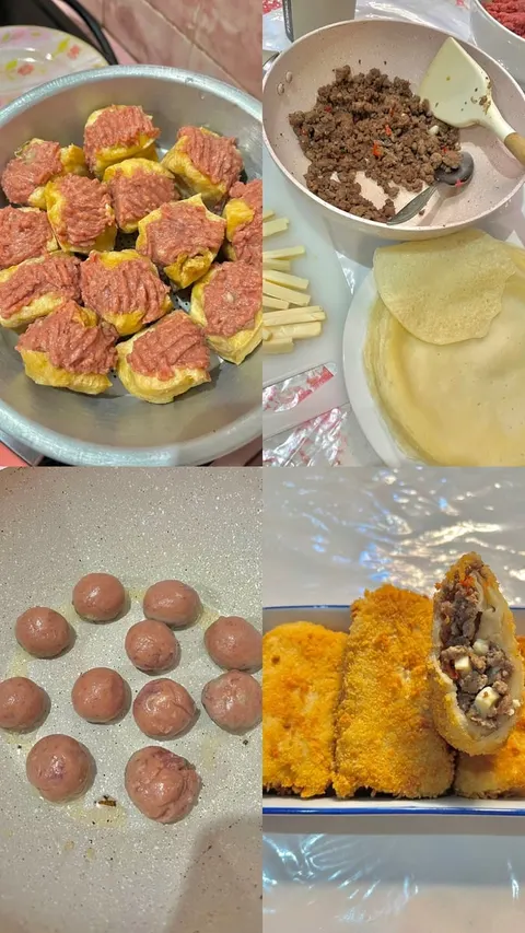 Kolase tahu berisi adonan daging, bakso di wajan, tumisan daging cincang dengan kulit risol, dan risoles goreng