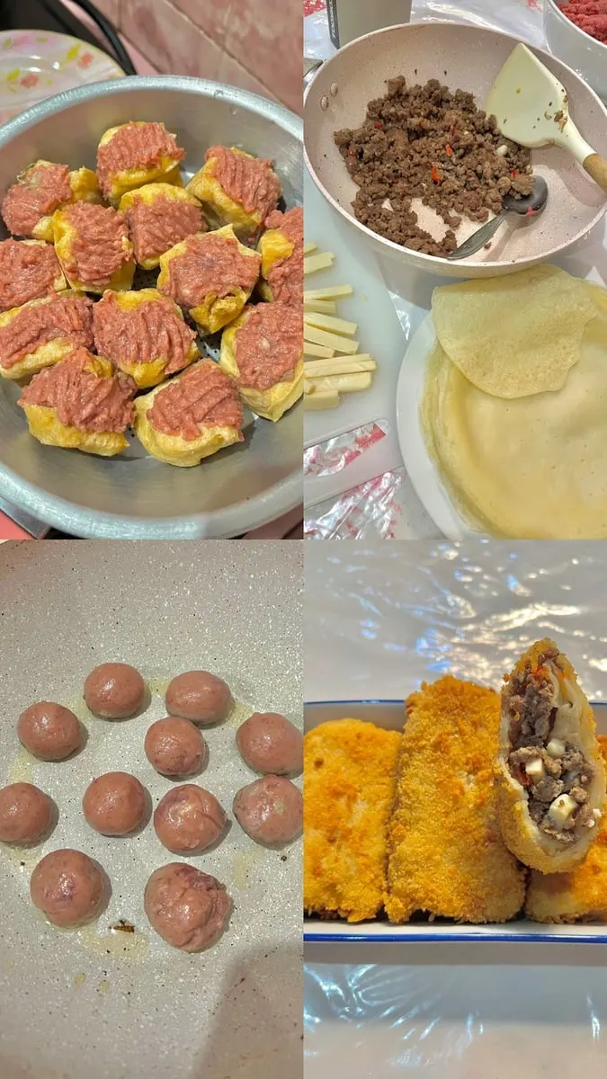 Kolase tahu berisi adonan daging, bakso di wajan, tumisan daging cincang dengan kulit risol, dan risoles goreng
