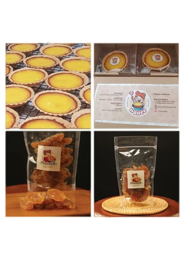 Kolase pie susu di rak kawat, pie dalam kotak berlabel nonee, dan manisan belimbing wuluh dalam pouch bening