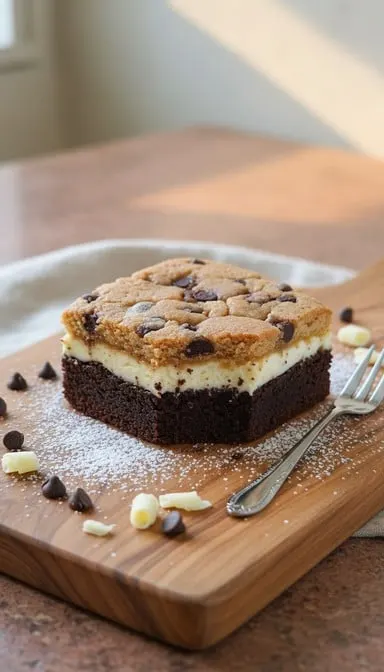 Potongan brownies berlapis krim dengan topping cookies choco chip di atas talenan kayu bersama garpu