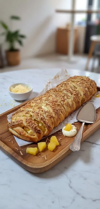 Pastry kepang panjang bertabur keju parut di nampan kayu dengan potongan nanas dan sekop kue