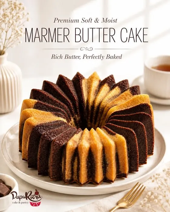 Marmer butter cake berbentuk cincin di piring putih dengan tulisan Marmer Butter Cake dan logo DapuRara