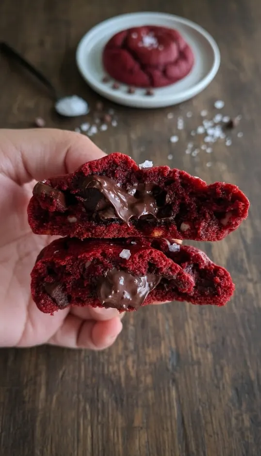 Tangan memegang cookies red velvet terbelah dengan cokelat leleh di dalamnya, berlatar meja kayu