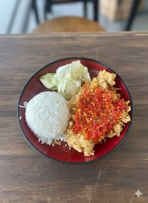 Nasi putih dan ayam goreng tepung bertabur sambal merah dengan kol di piring merah