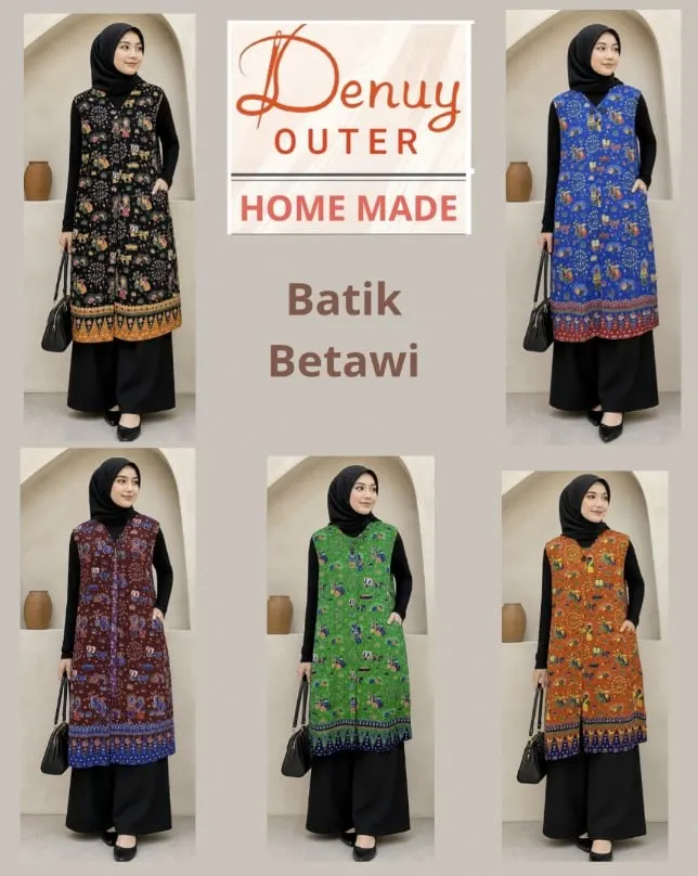 Kolase lima model berhijab memakai outer panjang batik Betawi warna hitam, biru, merah marun, hijau dan oranye
