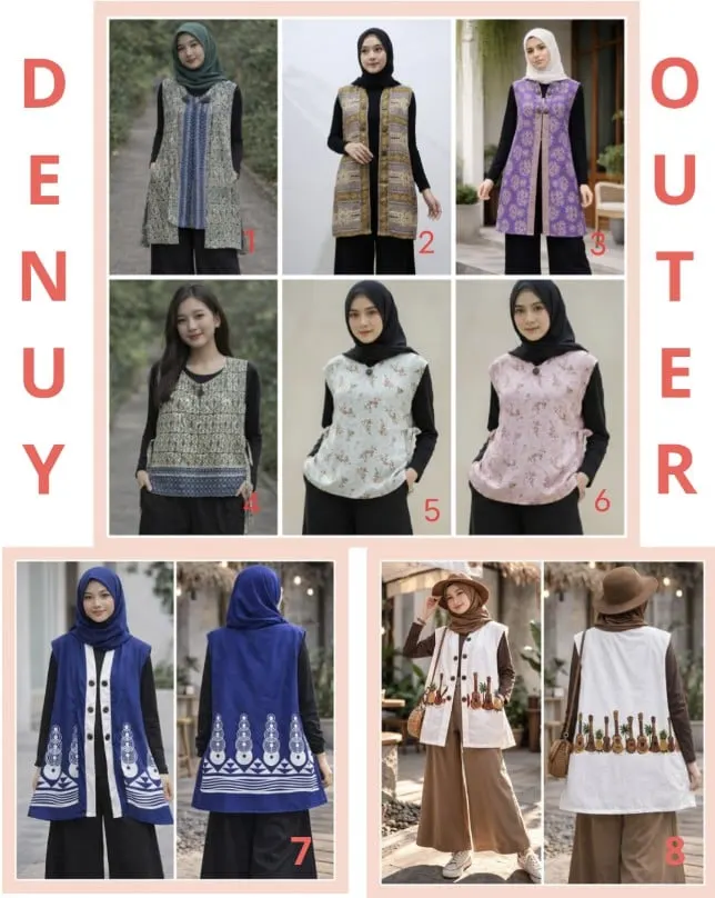 Kolase delapan model outer rompi bermotif batik dan bunga dengan tulisan Denuy Outer di sisi kiri dan kanan