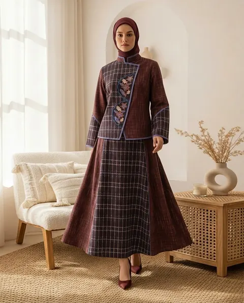 Model berhijab marun mengenakan atasan tenun bermotif kotak dengan bordir bunga dan rok panjang senada