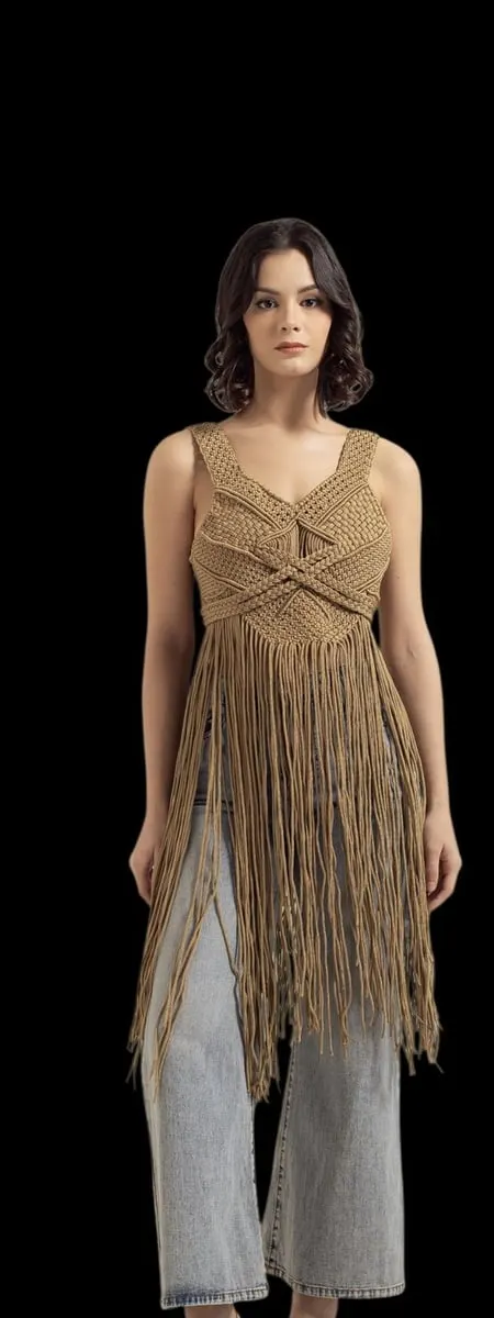 Model memakai atasan macrame cokelat muda berumbai panjang dengan celana jins di latar hitam