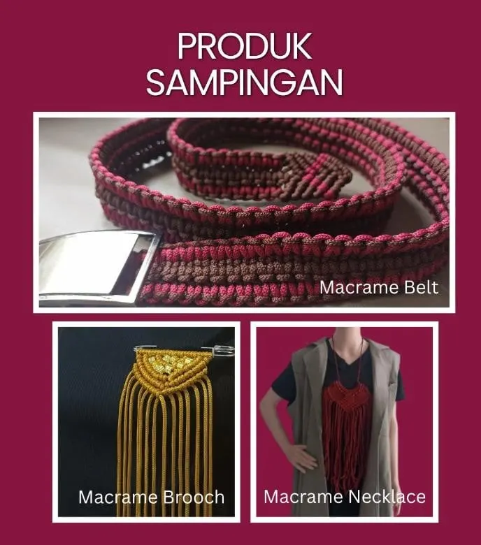 Poster Produk Sampingan berisi ikat pinggang, bros dan kalung macrame di latar merah marun
